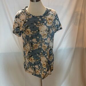 LuLaRoe Floral Short Sleeve Top in Blue and Cream